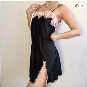 Vintage Victoria’s Secret Angels black slip dress with pink lace trim